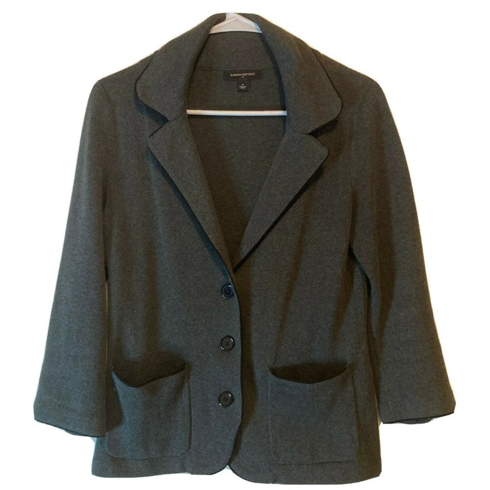 Banana Republic Women’s Cotton 3-Button Gray Black Knit Sweater Blazer